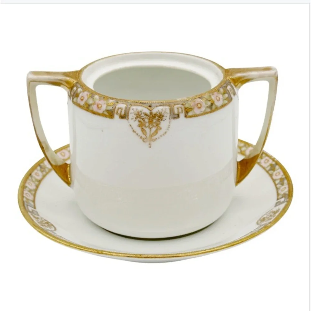 Antique Nippon Sugar Bowl Open Form w Underplate Edwardian Porcelain Curio Shelf